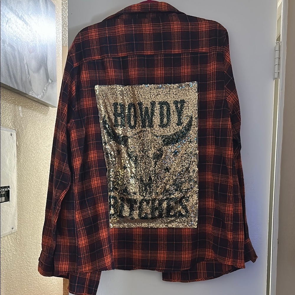 Red and Black Plaid Utility Jacket with Graphic Design